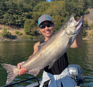 Erica McCormick with a fall Chinook on the Columbia River.